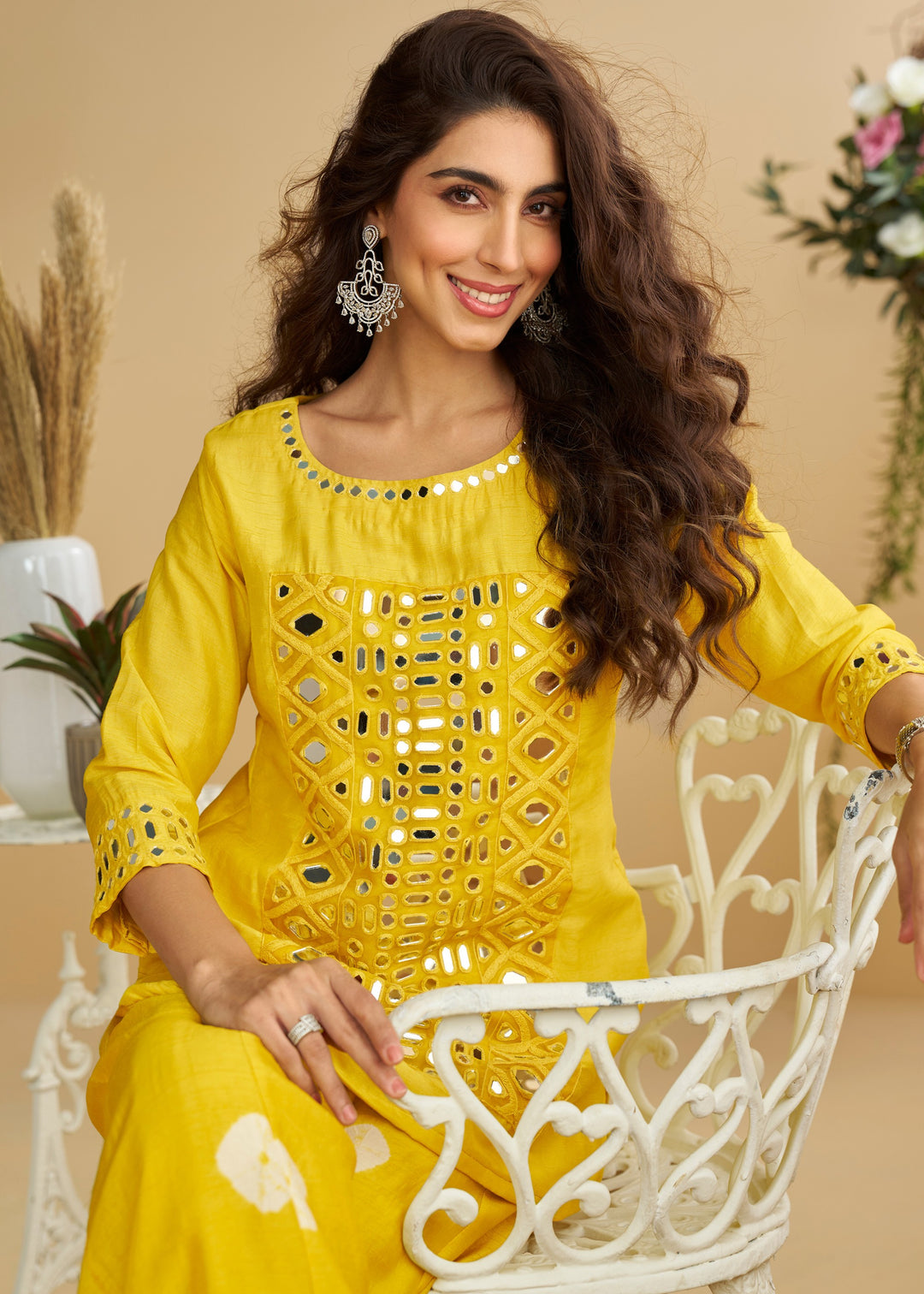 Sunny Mustard Yellow Silk Palazzo Suit Ensemble With White Embroidered Motifs