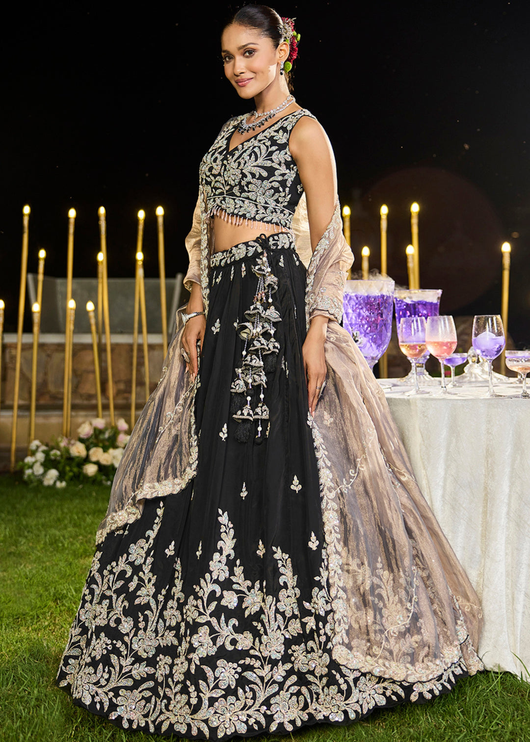 Black Satin Silk Lehenga Choli with Beads & Sequince Embroidered