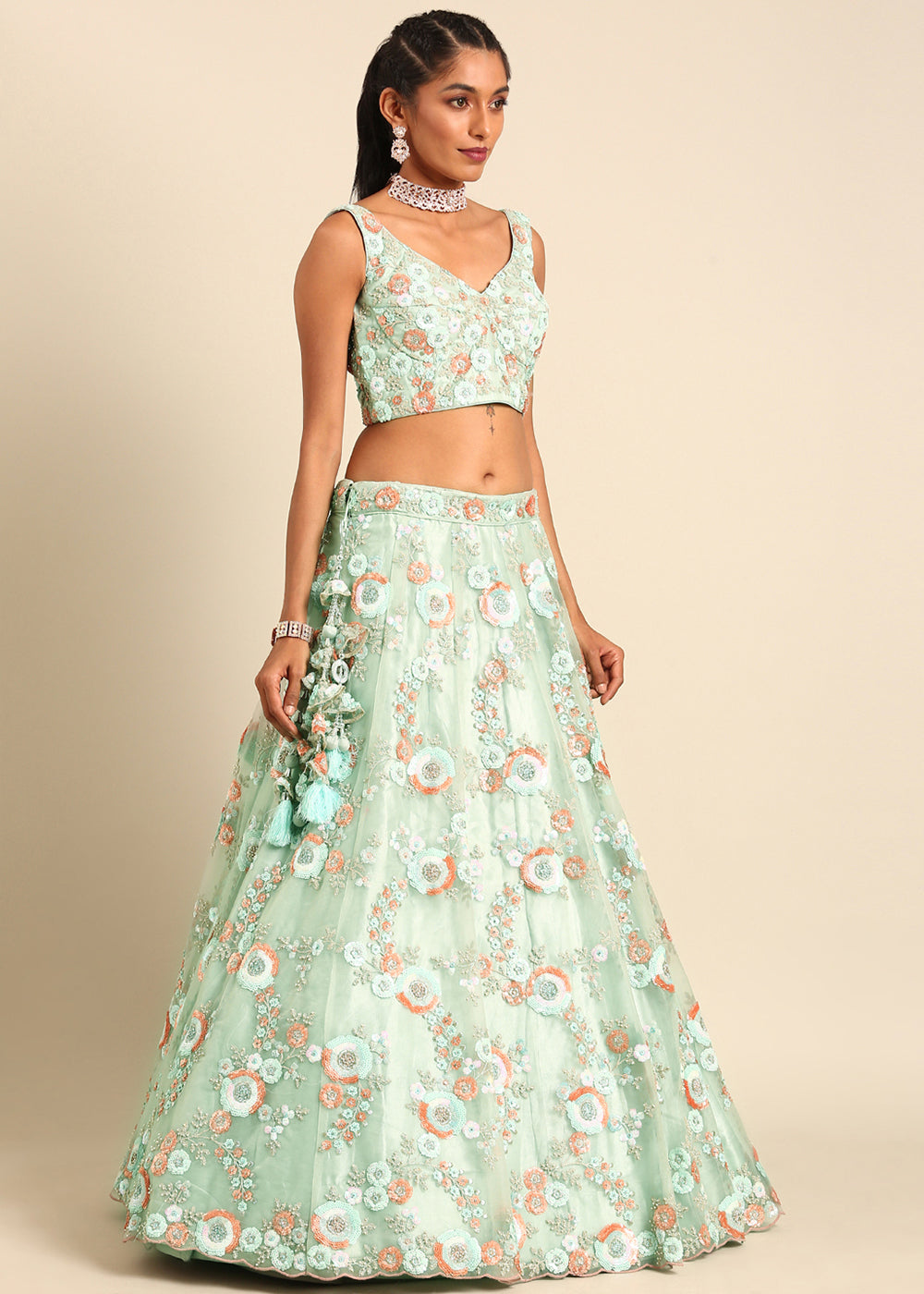 Shades Of Green Net Lehenga Choli with Sequins & Zarkan Embroidery work