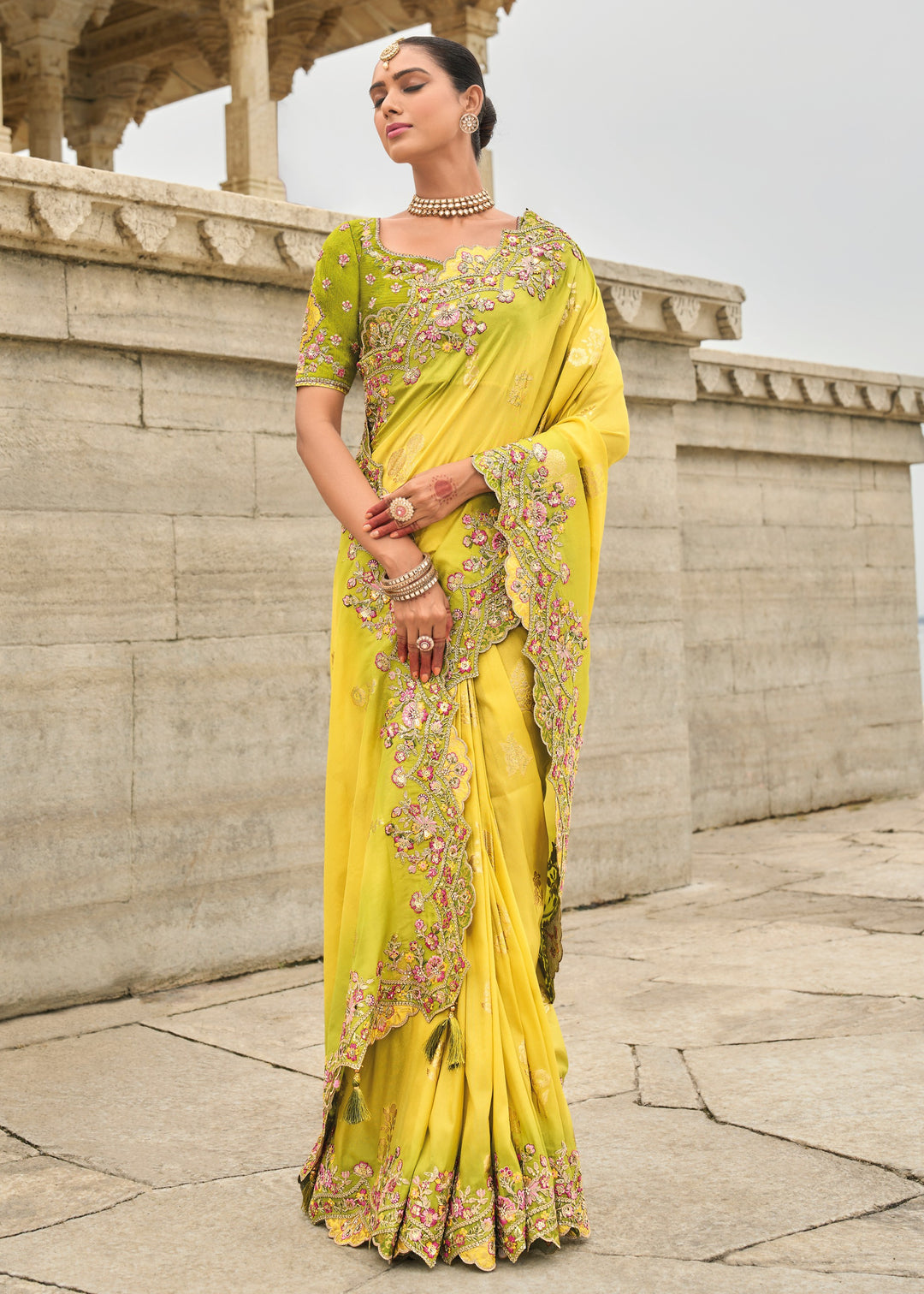 Bright Yellow Viscose Tissue Silk Saree