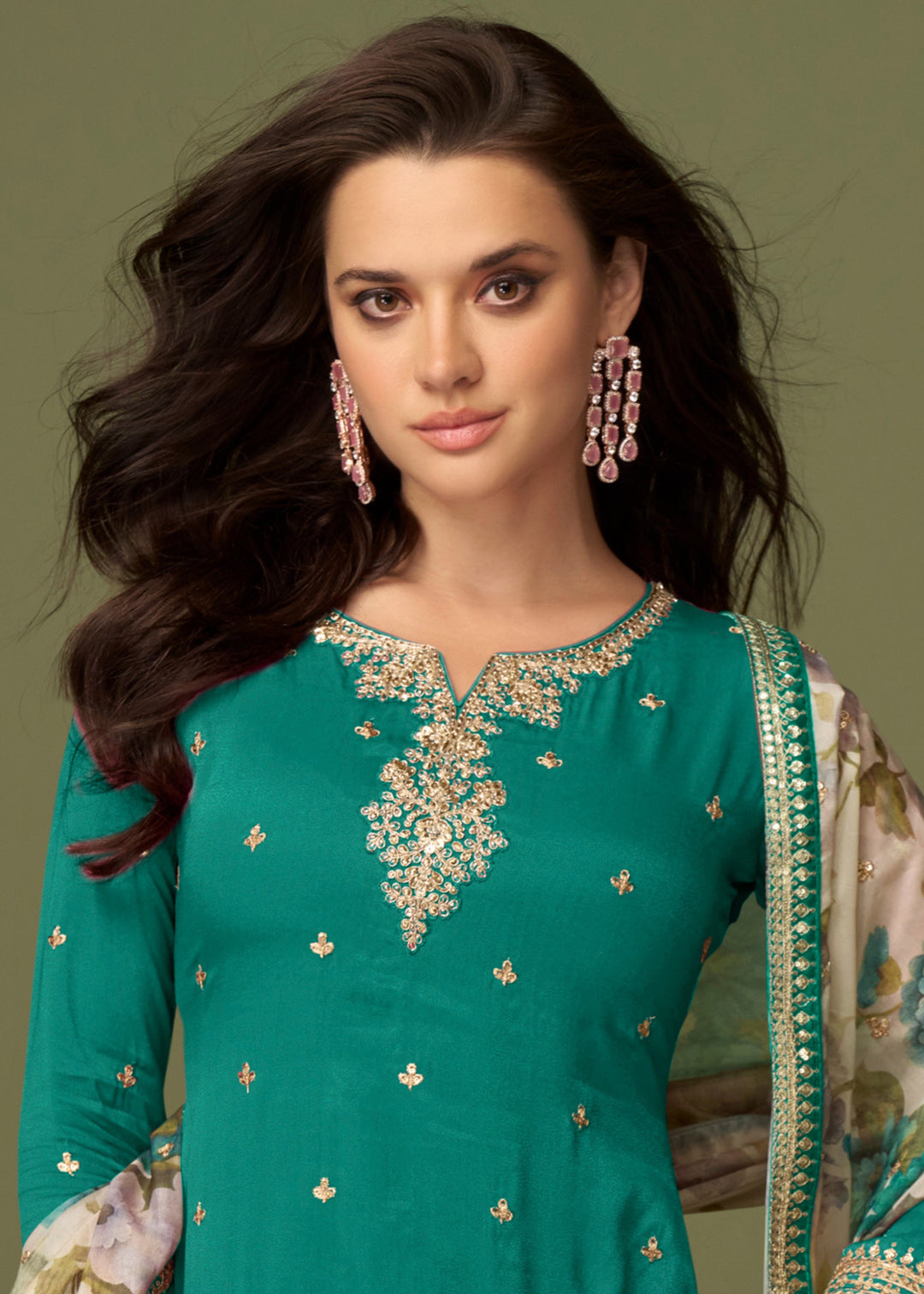 Deep Emerald Green Palazzo Silk Suit With Floral Dupatta