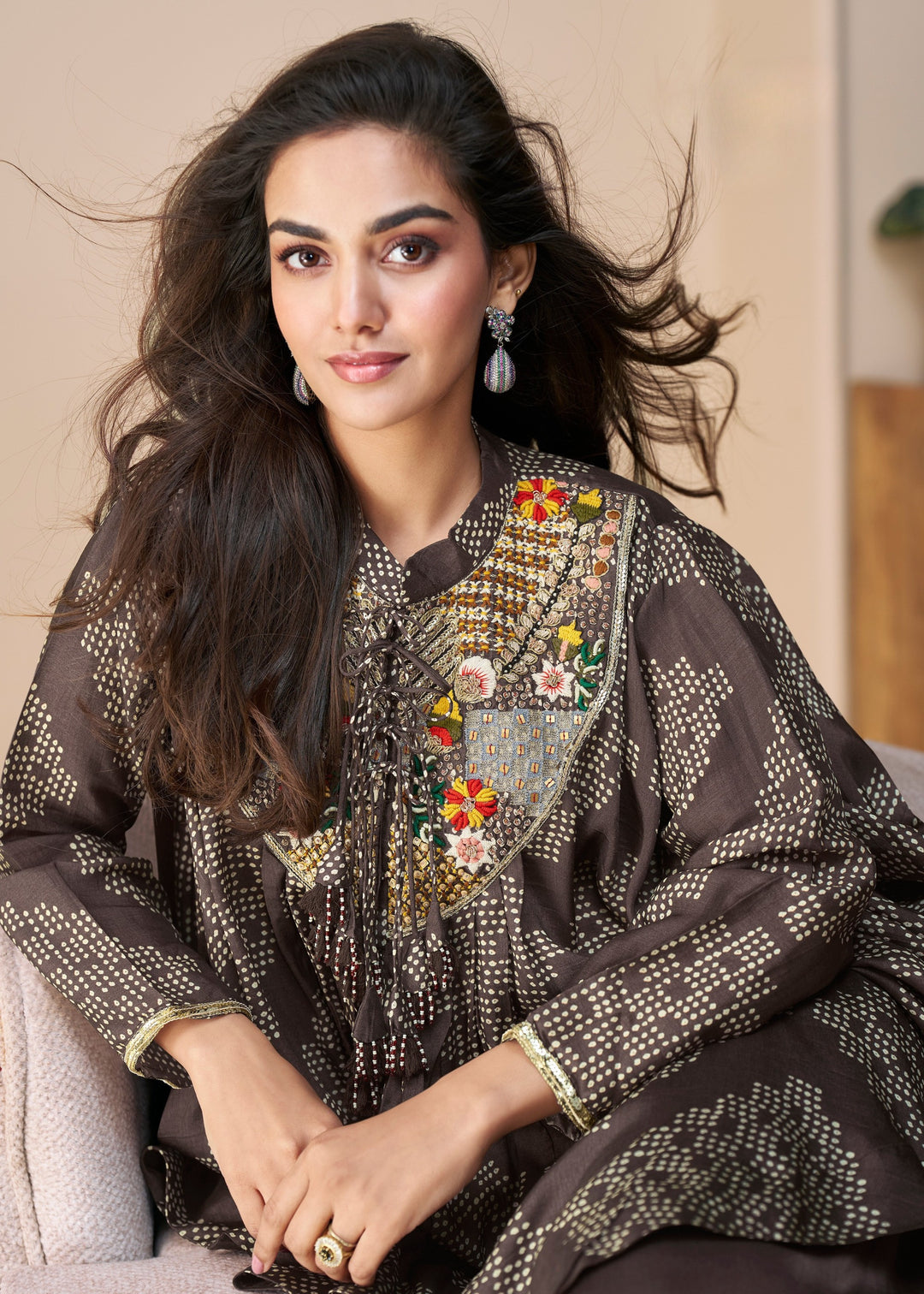 Dark Brown Premium Chinon Silk Kurta with Pant
