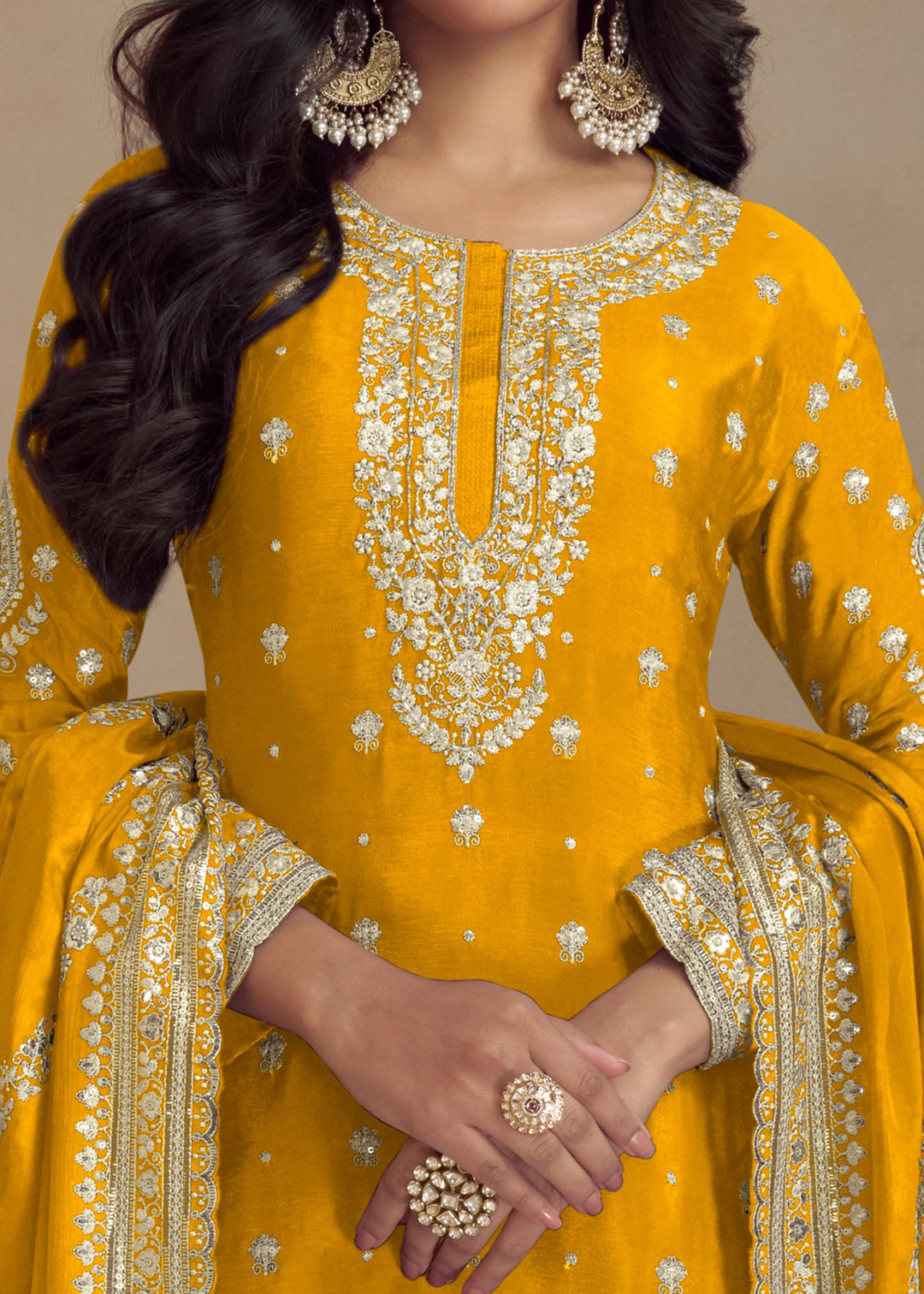 Canary Yellow Embroidered Chinon Silk Plazzo Suit