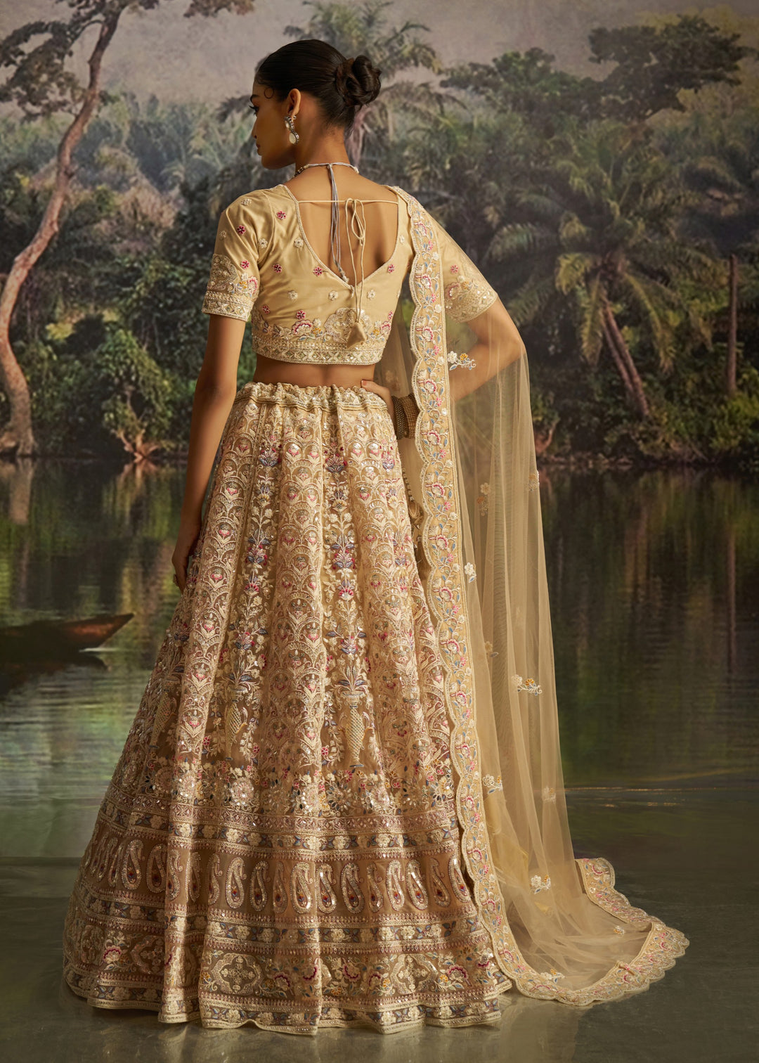 Cream Soft Net Lehenga With Multicolor Embroidery