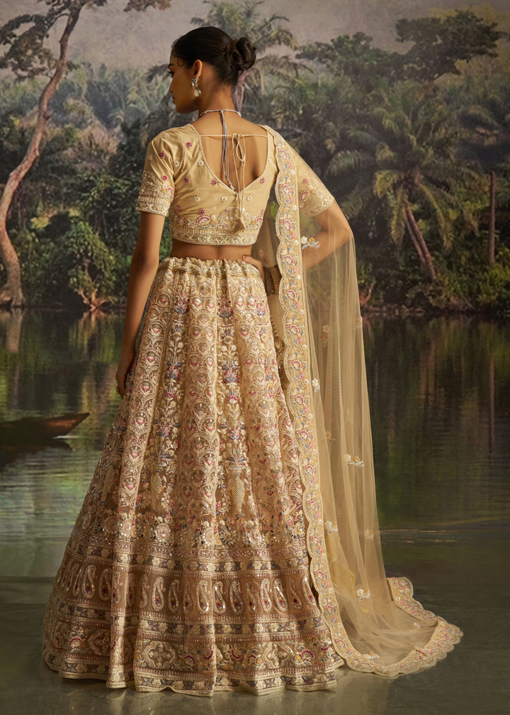 Cream Soft Net Lehenga With Multicolor Embroidery