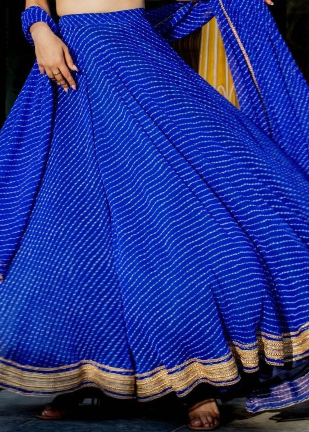 Azure Blue Georgette Leheriya Print Lehenga With Zari And Lace Work