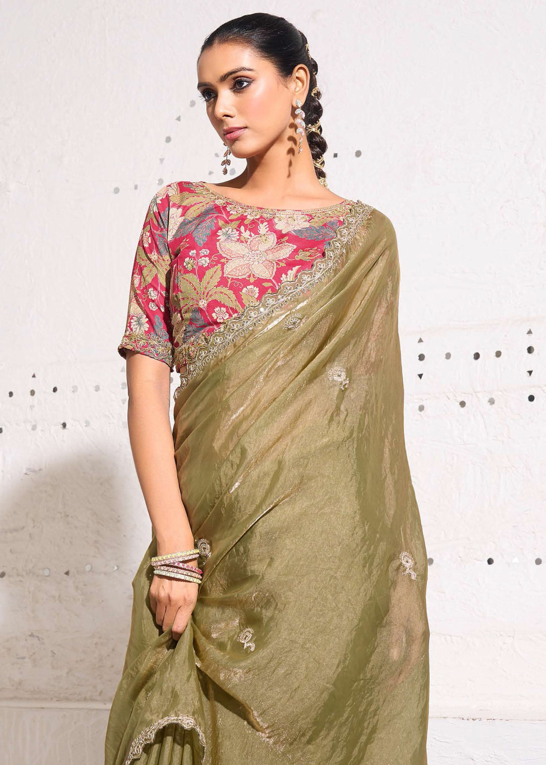 Moss Green Gold Crush Tissue Silk Saree With Beautiful Blouse