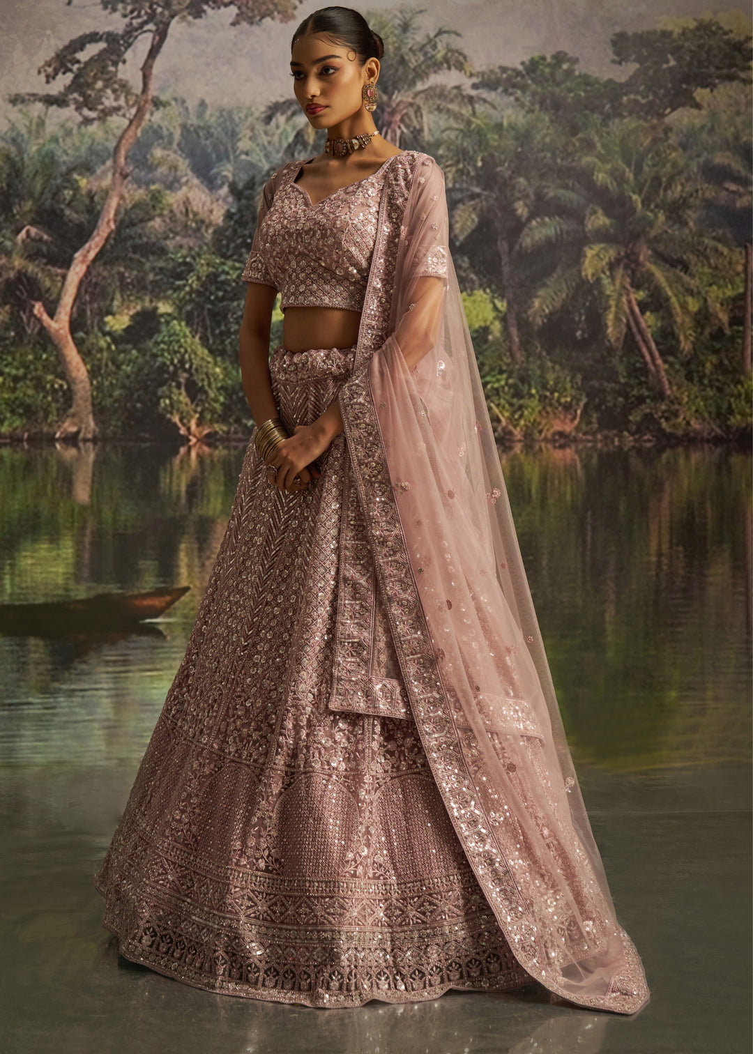 Mauve-pink Soft Net Lehenga with embroidery