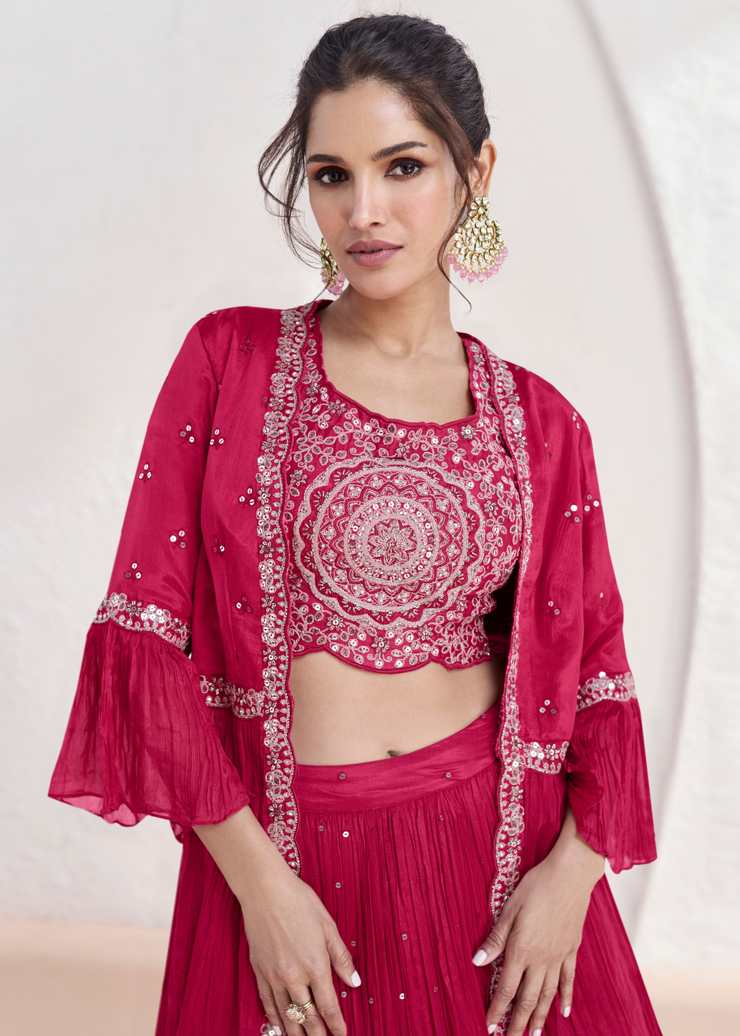 Magenta Pink Embroidered Georgette Top & Skirt Set with Jacket