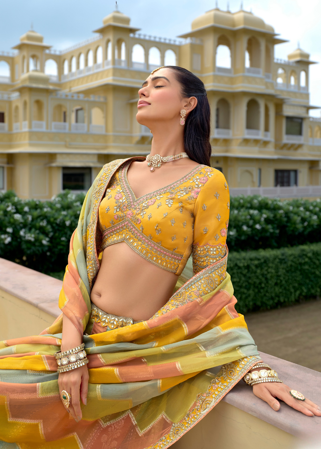 Sage Green And Mustard Silk Lehenga With Cut Work Border And Embroidery