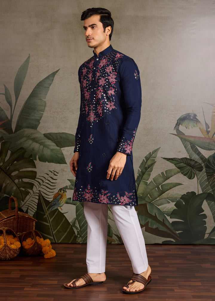 Navy Blue Mens Wear Silk Kurta with Pant