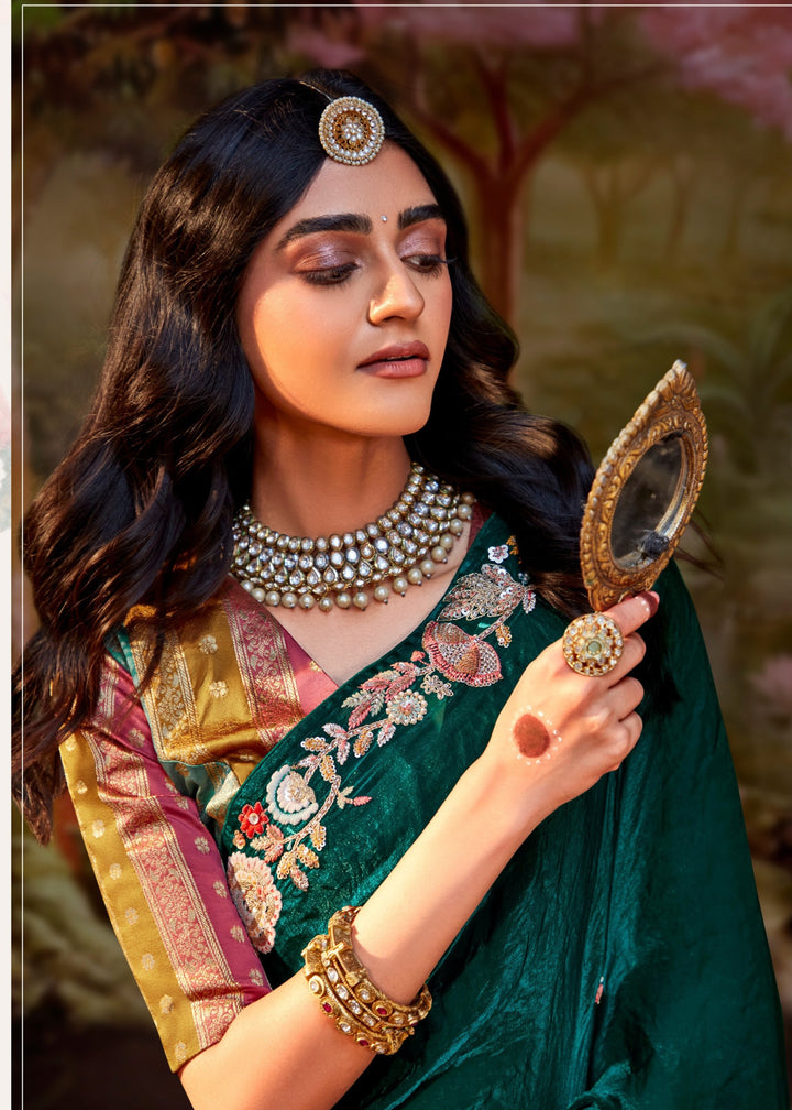 Multi-Shade And Green Saree With Embroidery And Handwork Designer Cut Border