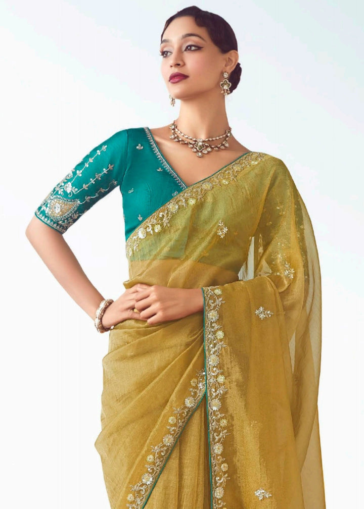 Lime Green Fancy Fabric Silk Saree With Hand Embroidered Work And Cut Work Border