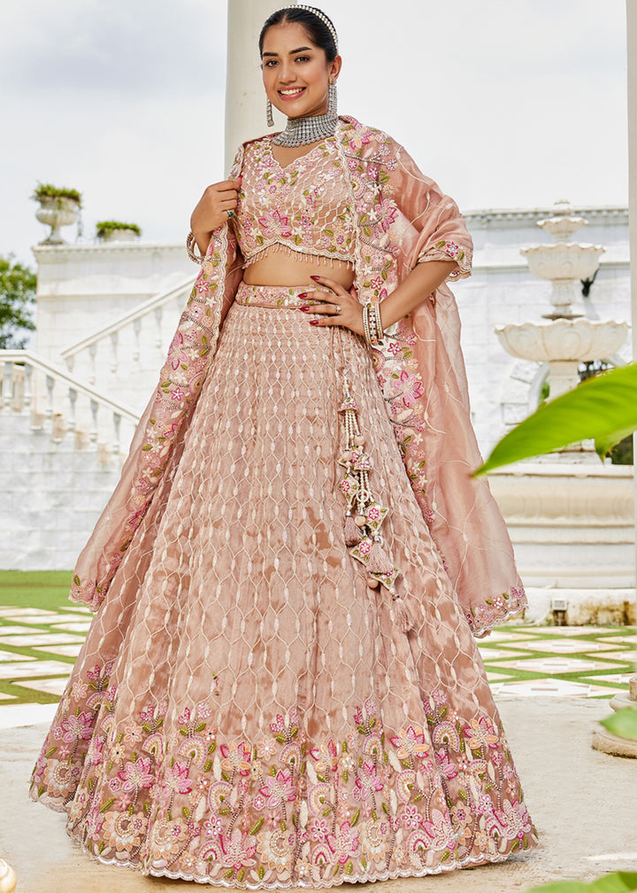 Nude Satin Silk Lehenga Choli with Sequinned Embroidered