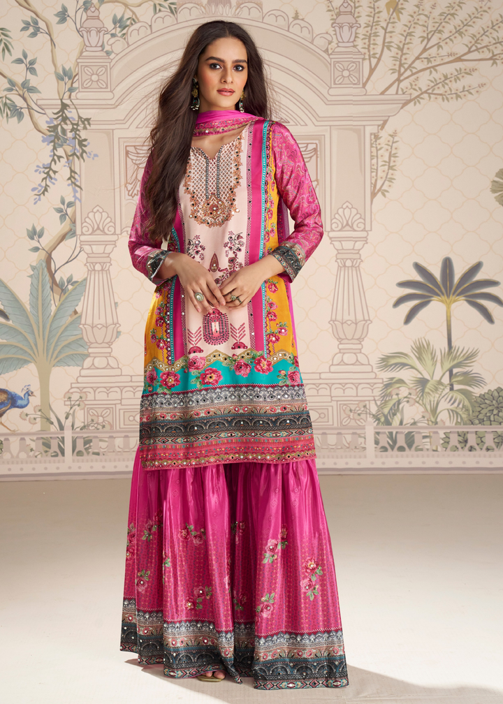Bright Fuchsia Pink Crep Silk Sharara Suit