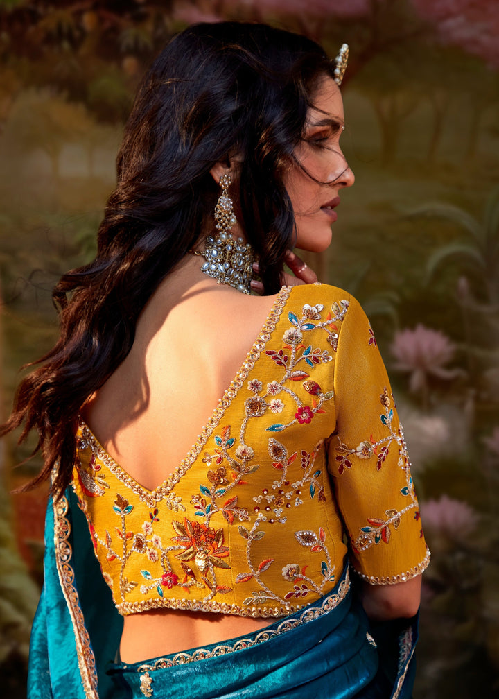 Mustard And Teal Blue Saree With Embroidery And Handwork Designer Cut Border
