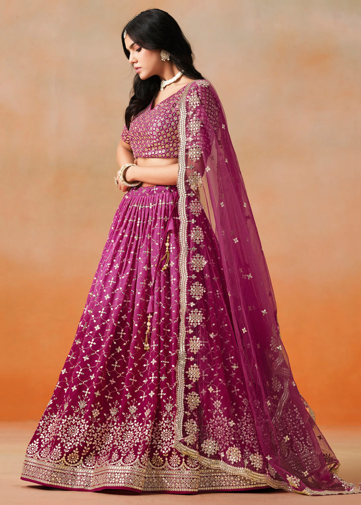 Red Pink Sequins Zari Embroidered Work Georgette Lehenga