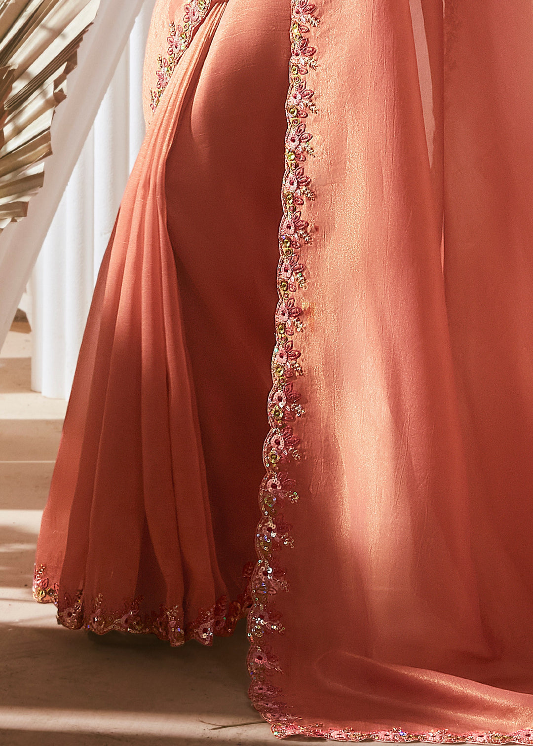 Salmon Orange Fancy Silk Saree With Printed Blouse