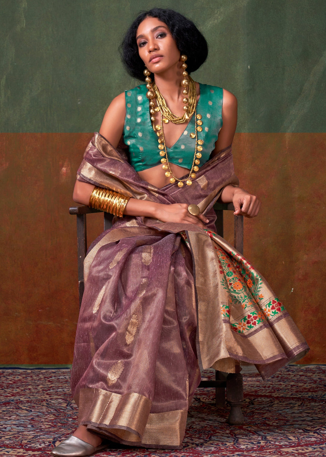 Mulberry Purple Paithani Tissue Silk Saree With Zari Work