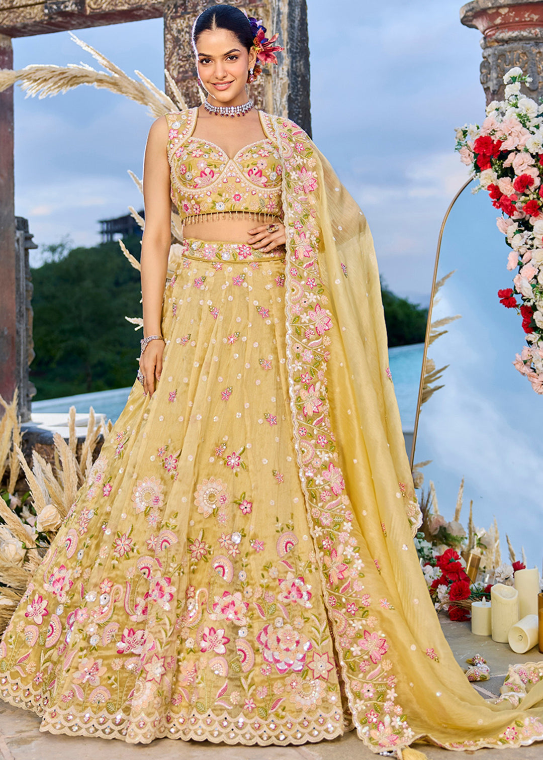 Yellow Organza Lehenga Choli with Beads & Sequince Embroidered