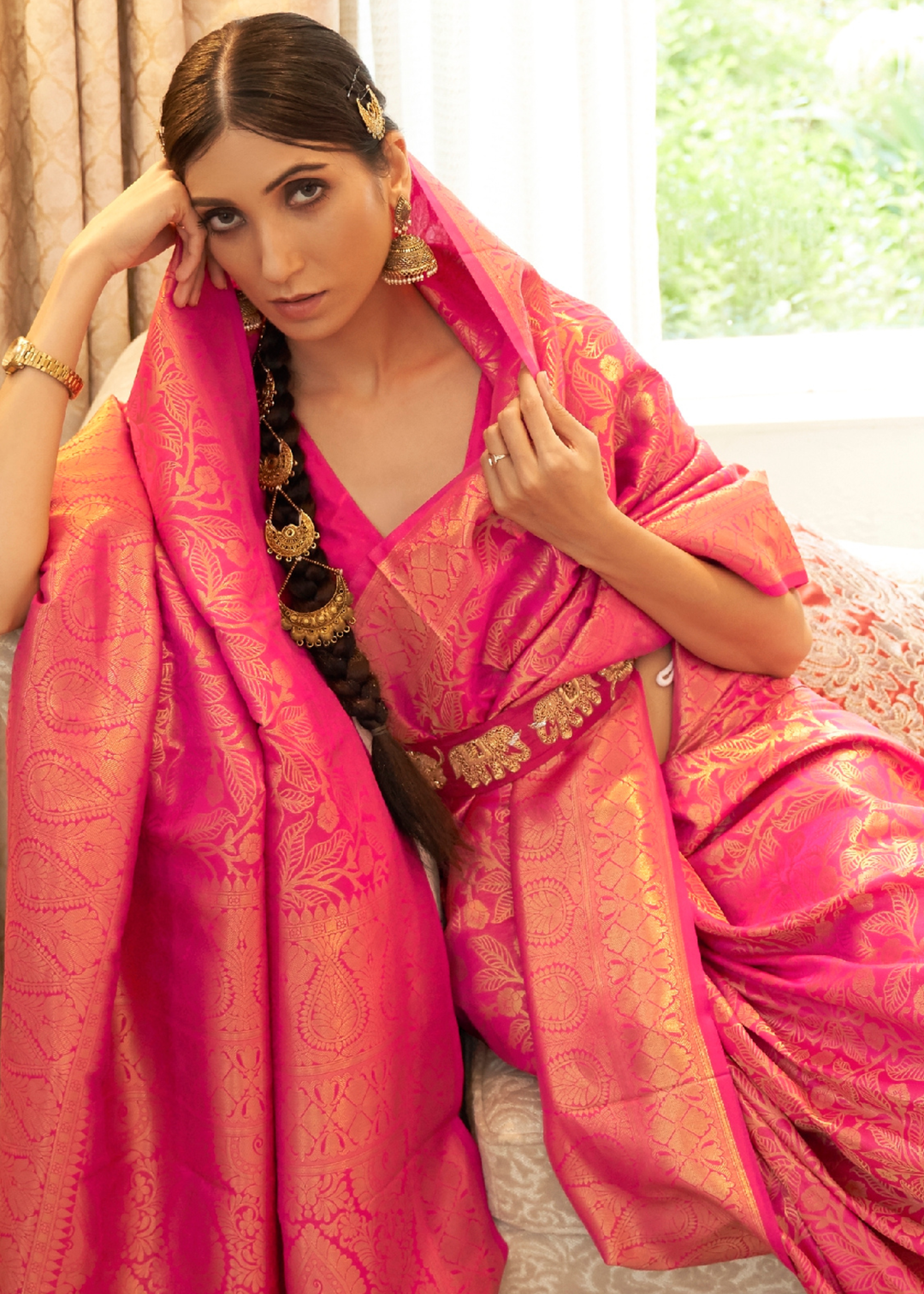 Hot Pink Zari Woven Kanjivaram Silk Saree with Tassels on Pallu