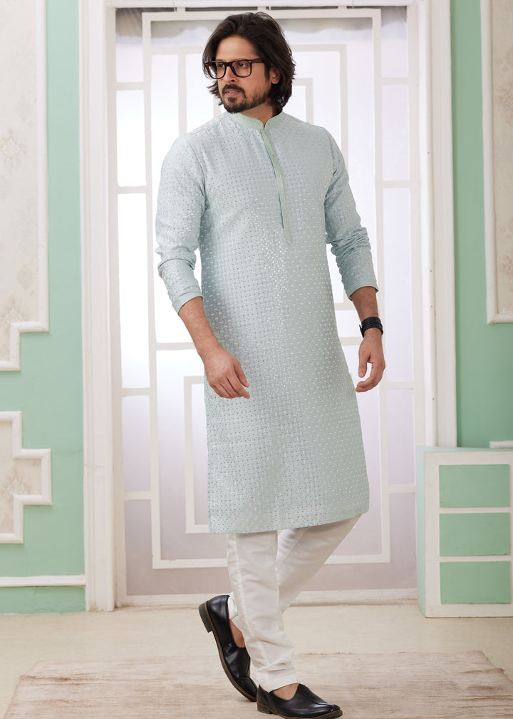 Light Blue Silk Kurta Set With Thread Embroidery Work