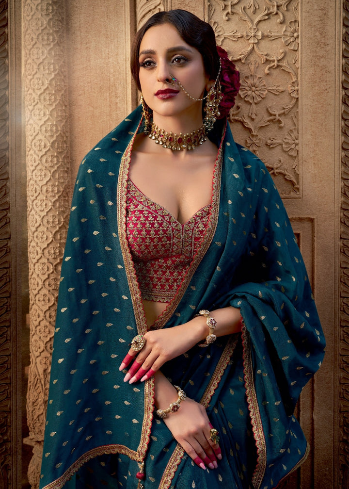 Teal Pure Viscous Crepe based fabric with Hand dying & Butti weaving Saree