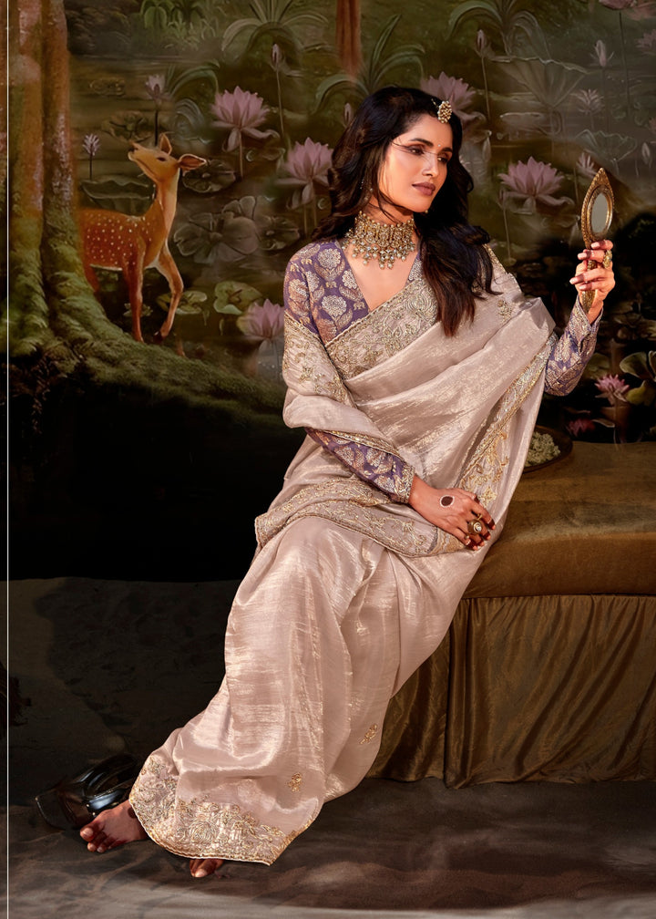 Purple And Cream Saree With Embroidery And Handwork Designer Cut Border