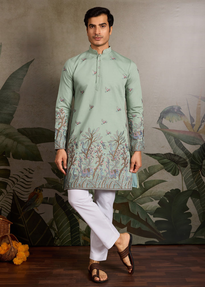 Sage Green Mens Silk Kurta with Pant