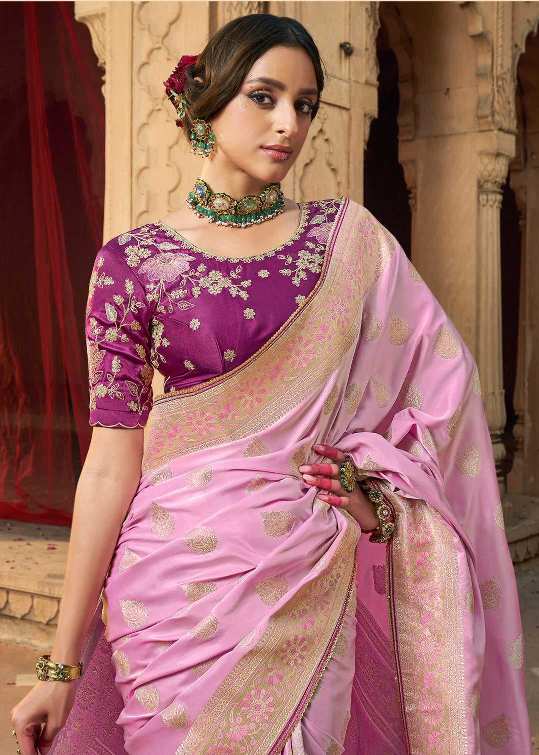 Neon Pink Satin Silk Saree With Beautiful Lace Border And Heavy Designer Embroidered Blouse