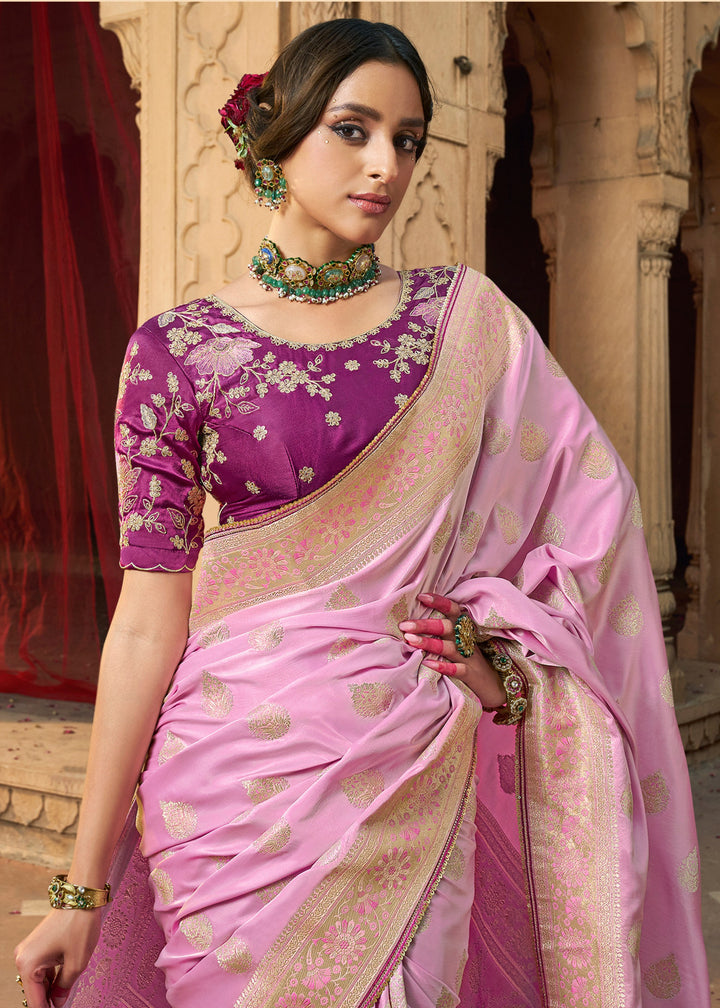 Neon Pink Satin Silk Saree With Beautiful Lace Border And Heavy Designer Embroidered Blouse