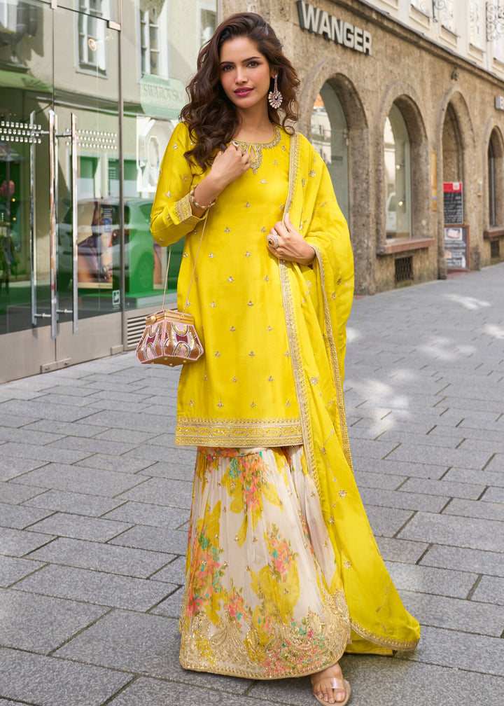 Pineapple Yellow Chinon SIlk Palazzo Suit With Embroidered Work : Top Pick