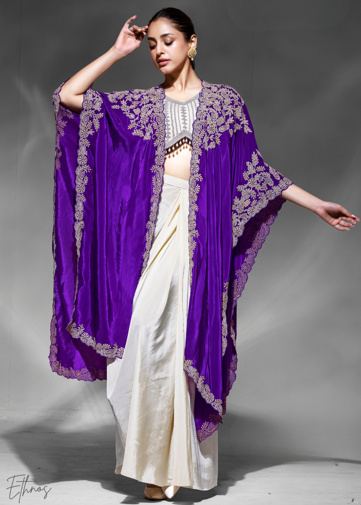 Purple Crepe Silk Skirt With Shrug