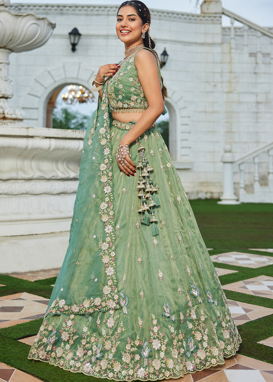 Green Tissue Lehenga Choli with Beads & Sequince Embroidered