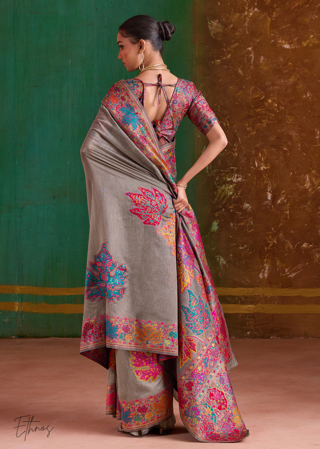 Mushroom Grey with Multicolour Floral Weave Saree