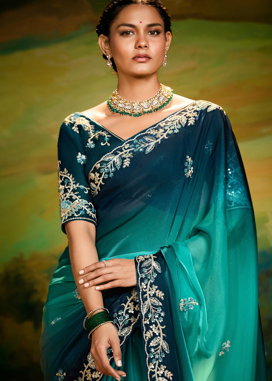 Peacock Blue Saree With Embroidery And Handwork Designer Cut Border