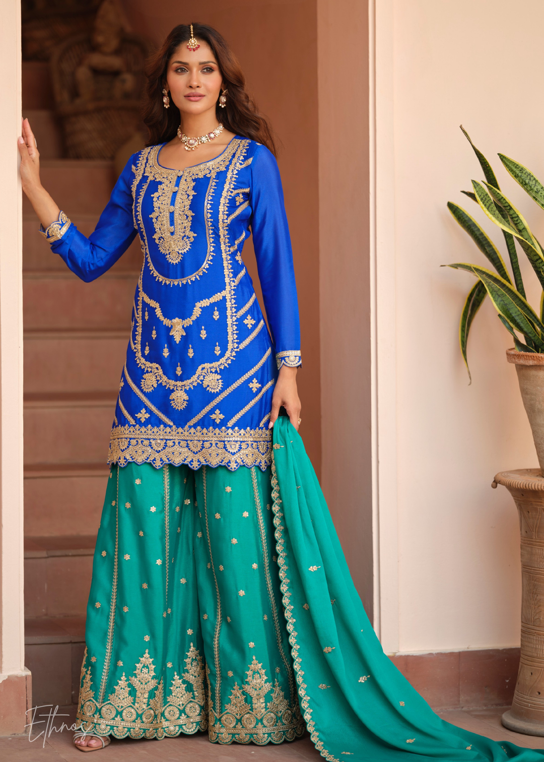 Royal Blue And Teal Green Silk Salwar Suit