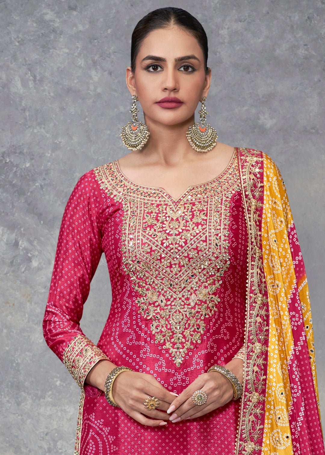 Fuchsia Pink Chinon Salwar Suit with Yellow–Orange Dupatta