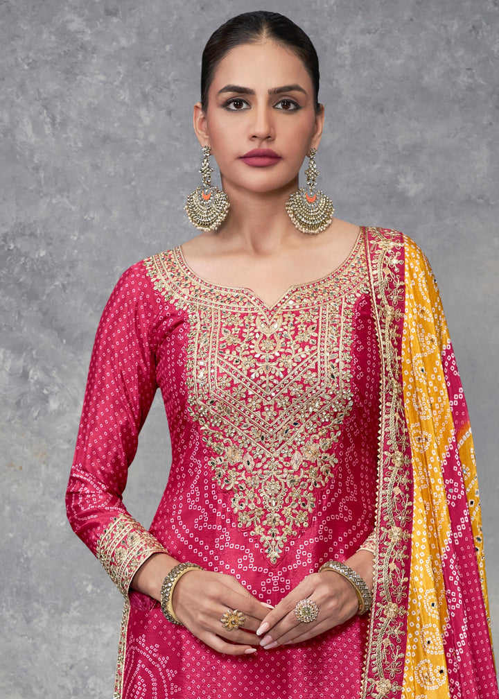 Fuchsia Pink Chinon Salwar Suit with Yellow–Orange Dupatta