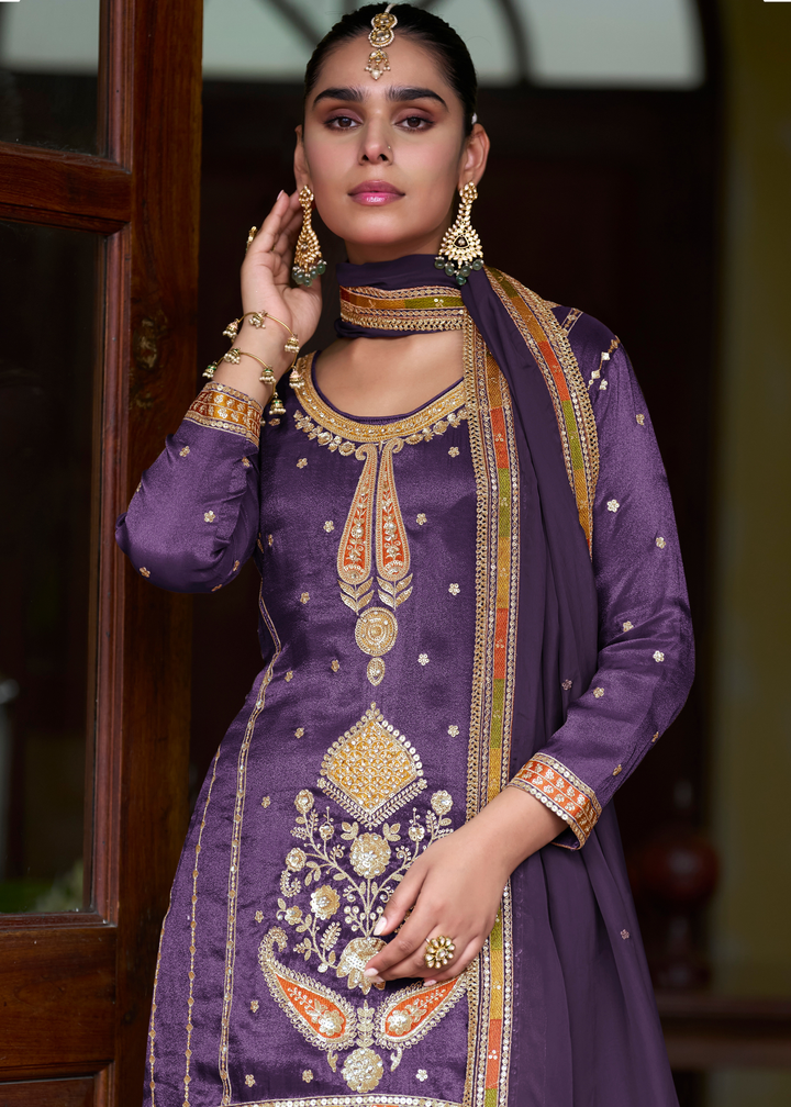 Regal Purple Simmer Silk Palazzo Suit With Embroidered Work