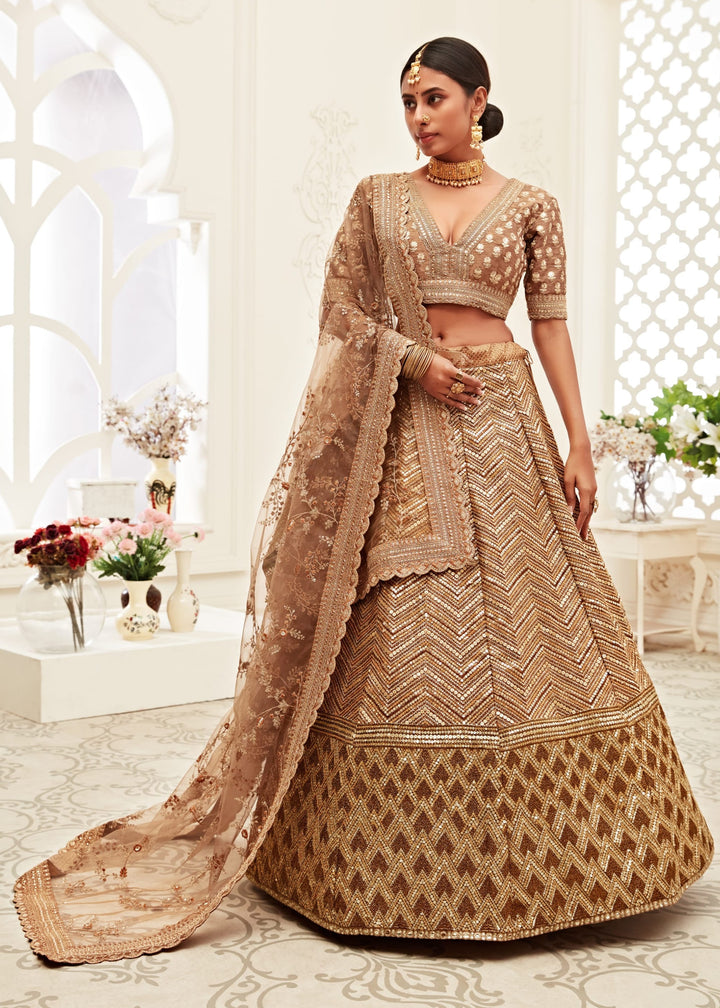 Brown Slub Silk Lehenga With Thread, Zari, Dori and Sequins Embroidery Work