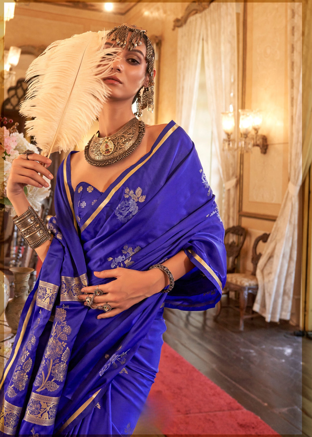 Blue Pure Satin Handloom Weaving Silk Saree