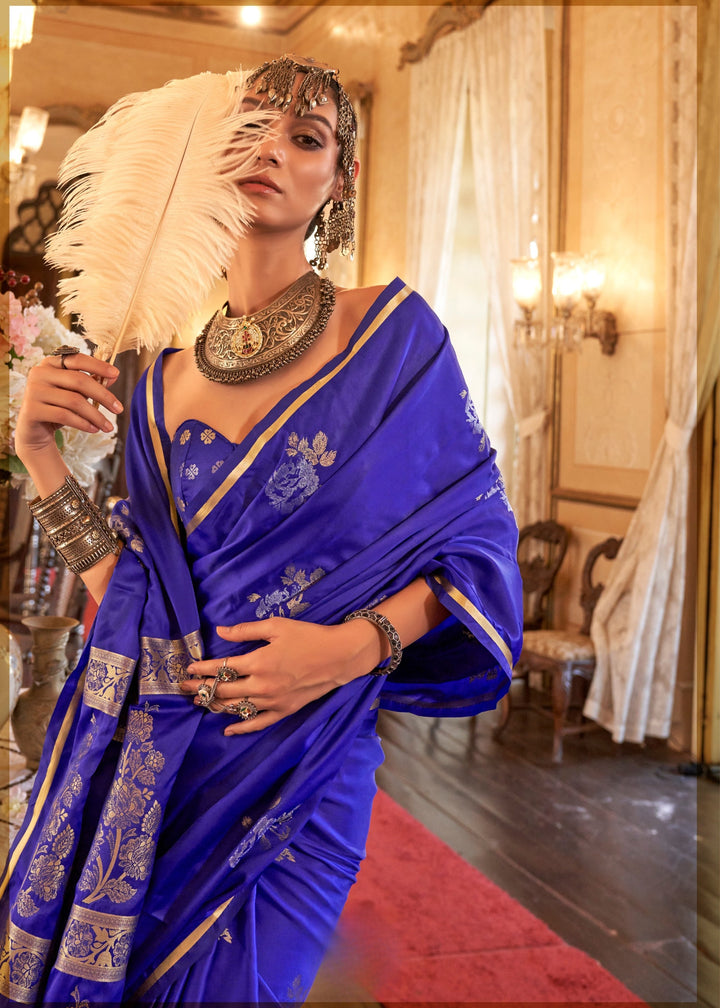 Blue Pure Satin Handloom Weaving Silk Saree