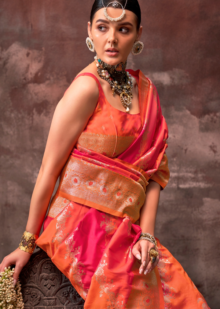 Pink & Orange Rangkaat Handloom Silk Saree