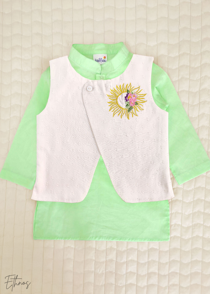 Organic Cotton Green & White kurta Set with Jacket - Floral