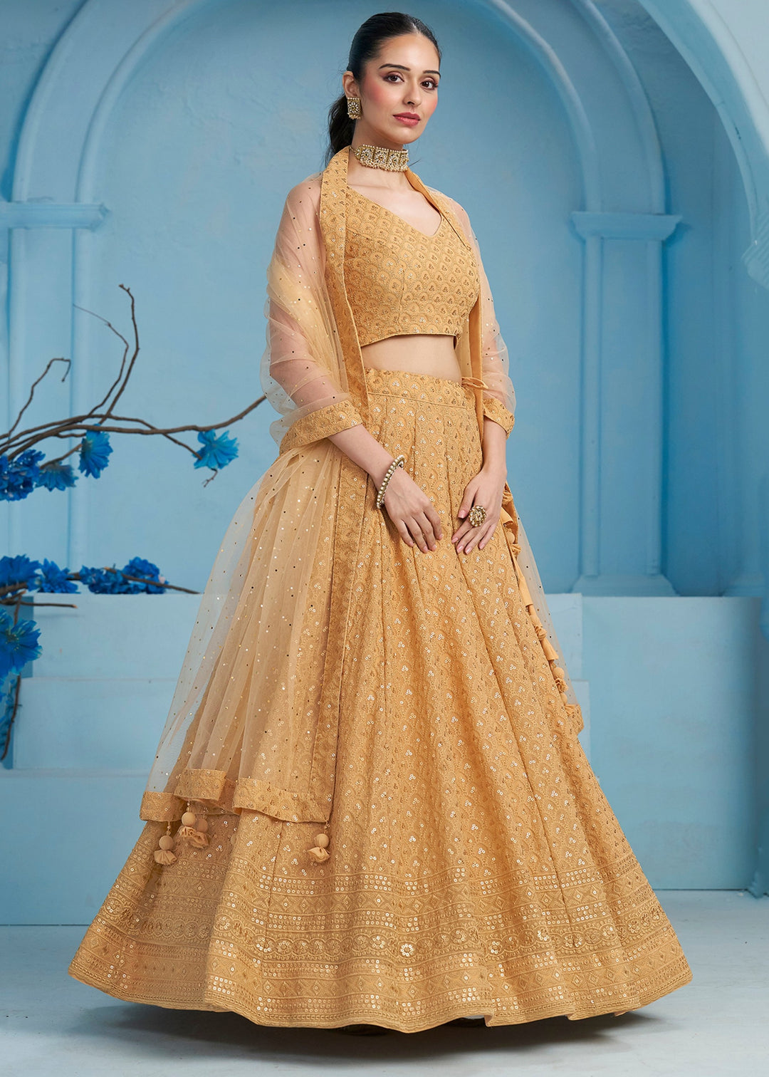 Beige Georgette Lehenga With Sequins and Thread Embroidered Work