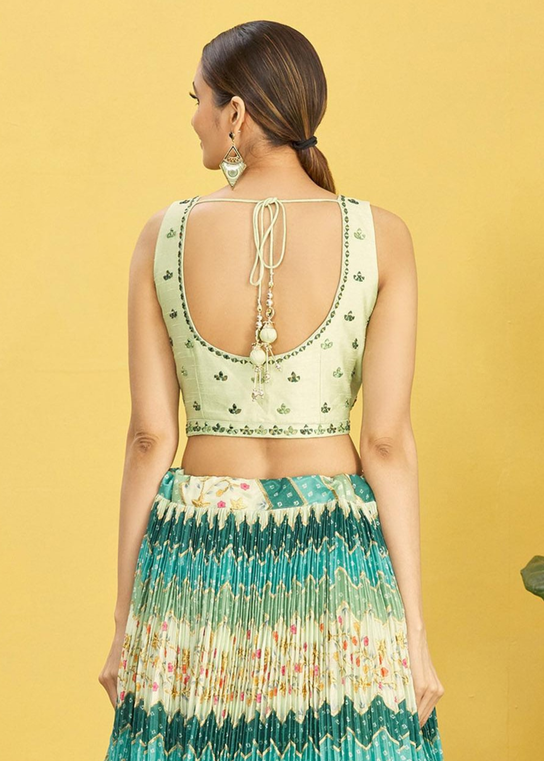 Shades Of Green Digital Printed Chinnon Lehenga with Thread,Zari & Sequins Work