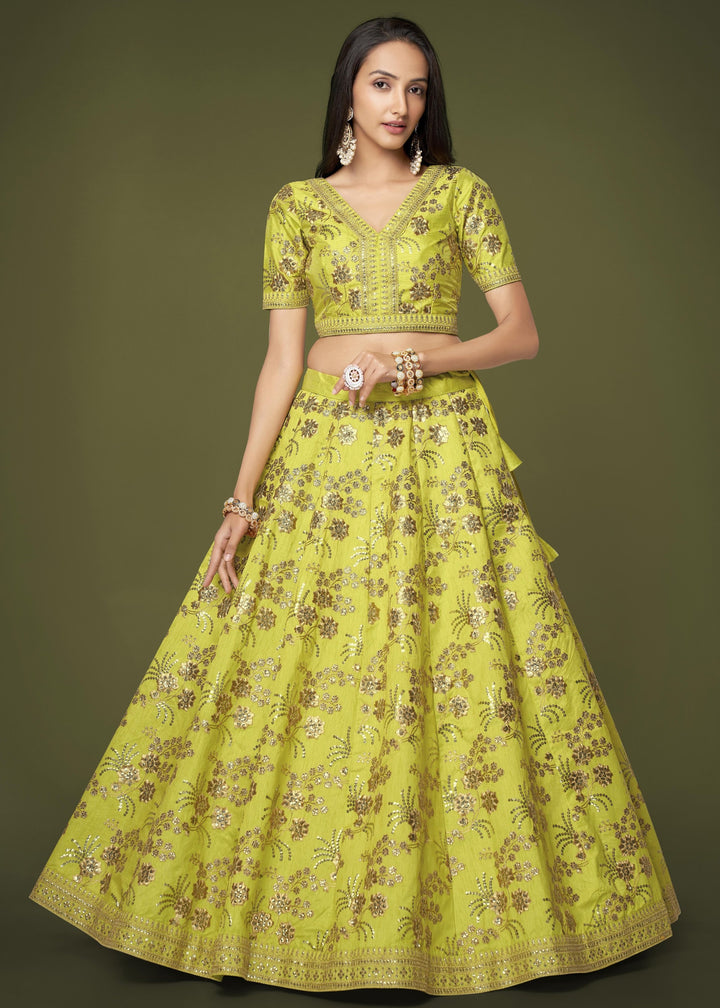 Neon Slub Silk Lehenga with Zari Sequins and Dori Embroidery Work