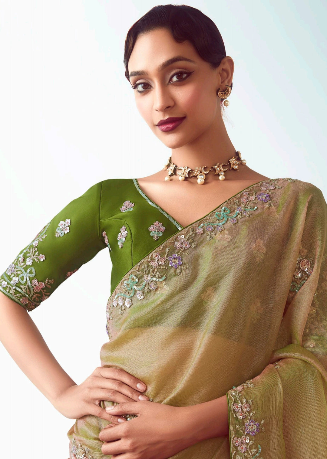 Golden Fancy Fabric Silk Saree With Hand Embroidered Work And Cut Work Border