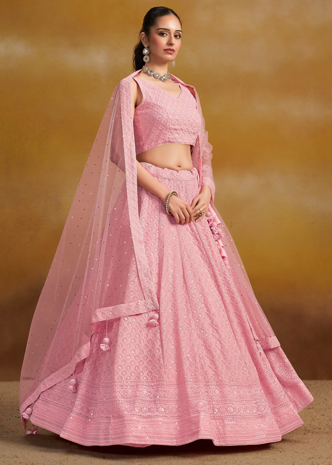 Light Pink Georgette Lehenga With Sequins and Thread Embroidered Work